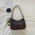 Dark brown woven hobo shoulder bag for women, chic casual underarm bag with cute pendant. - Brown with Pendant