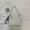 Chic woven underarm shoulder bag for women, stylish beige PU leather hobo purse for daily commute. - White With Pendant