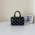 Stylish black polka dot barrel handbag for women, chic minimalist design shoulder crossbody bag. - Black without Pendant