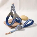Blue grey mesh pet harness and leash set detail showing breathable fabric and rose gold hardware. - S / Dark Blue
