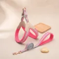 Pink breathable mesh dog harness and leash set with rose gold metal hardware and grey straps. - S / Peach Blossom Pink