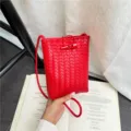 Red woven PU phone shoulder bag with stylish toggle closure, compact and convenient for daily use. - Red