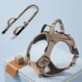 Tactical dog harness and leash set in khaki, durable nylon material for medium large pets. - Brown Tactical Vest + Leash (Set) / S-Small
