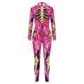 Damen Halloween Cosplay rosa Skelett Print Langarm Jumpsuit eng Body Partykostüm - S / Jumpsuits / Rosa Skelett