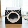 Cama para mascotas de felpa cerrada, cueva a cuadros blancos y negros para gatos perros. - L / Negro