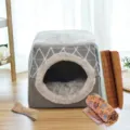 Grijs geometrisch huisdier grotbed met pluche kussen, warm gesloten huis voor katten en honden. - Grijs (met Mat, Dekentje & Speelgoed)