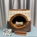 Gesloten huisdiengrot voor katten en honden, gezellig bruin en beige pluche ontwerp. - Bruin Raster (met Mat, Dekentje & Speelgoed)