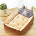 Cozy plush pet bed for cats and small dogs, soft warm cushion with cute cat head backrest. - Brown 3D Cat