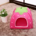 Cute strawberry shaped plush pet bed cozy cave tent for cats and small dogs warm house - S (26x26cm) / Pink