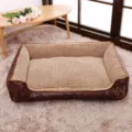 Comfortable rectangular pet bed with soft corduroy interior and durable leather-like outer rim. - L-70x55x15cm / Coffee