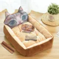 Cozy cartoon cat face pet bed with plush cushion, soft dog bed and mat for small pets. - Brown 3D Cat (Four-Piece Set)