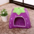 Cute strawberry pet cave bed for cats and small dogs cozy warm plush tent house. - Purple