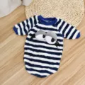Warm blue white striped pet fleece sweater with cute plush eyes, cozy dog cat apparel. - M / Blue Stripe