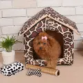 Enclosed warm pet house for small dogs and cats, soft winter puppy bed with cute animal print. - S / Leopard Print 4-Piece Set