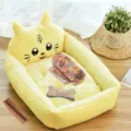 Yellow cartoon cat pet bed with cute plush blanket and pillow, cozy warm cat and dog mat. - Yellow Little Tiger (Four-Piece Set)