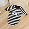 Cozy black and white striped pet sweater with 3D eyes, warm winter clothes for small dogs and cats. - S / Black Stripe