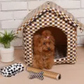 Cozy brown checkered enclosed pet house for small dogs and cats winter warm bed supplies - S / Plaid 4-Piece Set