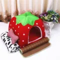 Cute strawberry pet house bed with blanket and mat for small dogs and cats, comfortable cave tent. - Bright Red 4-Piece Set
