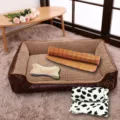 Comfortable pet dog bed set with cooling mat, cute bone pillow and soft blanket, all seasons. - L-70x55x15cm / Coffee (4-Piece Set)