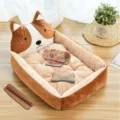 Cute cartoon dog bed cozy pet house warm puppy sleeping mat soft cat basket brown variant. - Coffee Akita (Four-Piece Set)