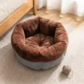 Cozy round pet bed in brown plush and grey corduroy, warm sleeping pad for cats and small dogs. - S (Recommended for small pets) / Coffee