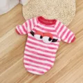 Cute pink and white striped pet fleece sweater with 3d cartoon eyes for small dogs and cats - M / Pink Red Striped