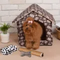 Enclosed house shape pet bed for small dogs and cats, warm winter fleece cat house nest design. - S / Wave Pattern 4-Piece Set