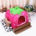 Cute strawberry pet house cave with mat blanket and pillow for small cats and dogs - Pink 4-Piece Set