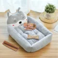 Grey plush pet bed with cute cartoon dog head design, soft and comfortable for cats and dogs. - Gray Akita (Four-Piece Set)