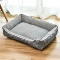 Grey rectangular pet bed with soft waffle inner and marble pattern outer for cats and dogs. - L-70x55x15cm / Gray