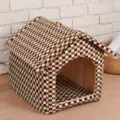 Brown checkered plush pet house, cozy enclosed cat bed and small dog warm shelter for winter. - S / Plaid