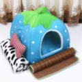 Blue strawberry pet house set with cute bone pillow blanket and cooling mat for cats and dogs. - Lake Blue 4-Piece Set