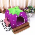 Cute purple strawberry pet house bed set with mat, blanket, and pillow for cats and dogs. - Purple 4-Piece Set