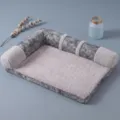 Grey plush pet sofa bed, comfortable dog bed with white fleece trim and supportive bolster. - S--55x45x13cm / Double-Sided Gray Suede