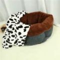 Plush pet bed with cow print blanket, cozy cat and dog sleeping pad for all seasons. - S (Recommended for small pets) / Coffee (with Blanket)