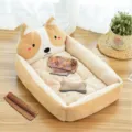 Cute cartoon corgi pet bed, soft plush dog house and cat mat, warm winter sleeping nest for pets. - Beige Akita (Four-Piece Set)