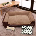 Lit pour chien en similicuir marron et velours côtelé avec couverture et jouet os pour animaux. - Café (Couverture + Oreiller Os)