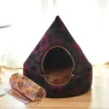 Enclosed pyramid pet house with plush mat, winter warm cat bed for small dogs, cozy. - Purplish Red (with Blanket)