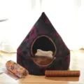 Enclosed cat bed set with plush house, bone pillow, paw blanket and cooling mat for pets. - Purplish Red (4-Piece Set)