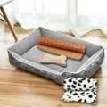 Lit pour chien en velours cotele gris avec tapis rafraichissant couverture et oreiller d'os. - Gris (Ensemble de 4 pièces)