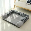 Cozy pet dog bed sofa with grey geometric pattern and soft plush interior for small medium dogs. - S--55cm / Three-Sided Blue Denim