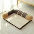 L-shaped pet dog bed with plush cushion, brown leather and fleece spliced design cozy. - M--70cm / Double-Sided Coffee Suede