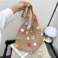 Sac à bandoulière au crochet fait main avec fleurs colorées, cabas en tricot décontracté. - Kaki