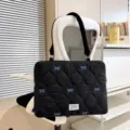 Korean style embroidered bow laptop bag, elegant black quilted tablet shoulder bag for women. - Black