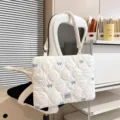 Korean style quilted laptop bag with blue bows, white padded tablet shoulder bag for women. - White