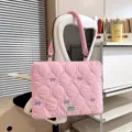 Pink quilted laptop bag with blue bow embroidery, stylish Korean style shoulder and tote bag. - Pink