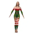 Damen Weihnachten Elfe Kostüm langärmelig digital gedruckt gestreifter Jumpsuit Party - S / Rot Grün Mesh