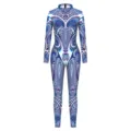 Damen blaues fraktal muster langarm stehkragen bodysuit mode schmale passform overall - S / B142-390