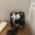 Petit sac à dos noir à pois pour femme, adorable patch lapin et breloques étoiles sac d'école. - Avec Pendentif / Noir