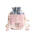 Pink denim bucket bag with pearl handle and cute metal butterfly for women daily fashion. - Pink